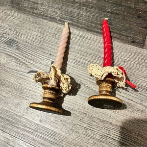 Small Vintage Cottagecore Wooden Candlestick Holder Set of 2 With Hand Crochet
